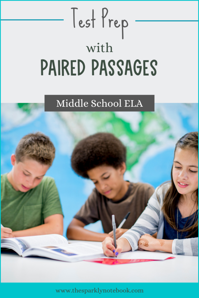 Pin Image - three students working on a test together. Text states  "Test Prep with Paired Passages - Middle School ELA"