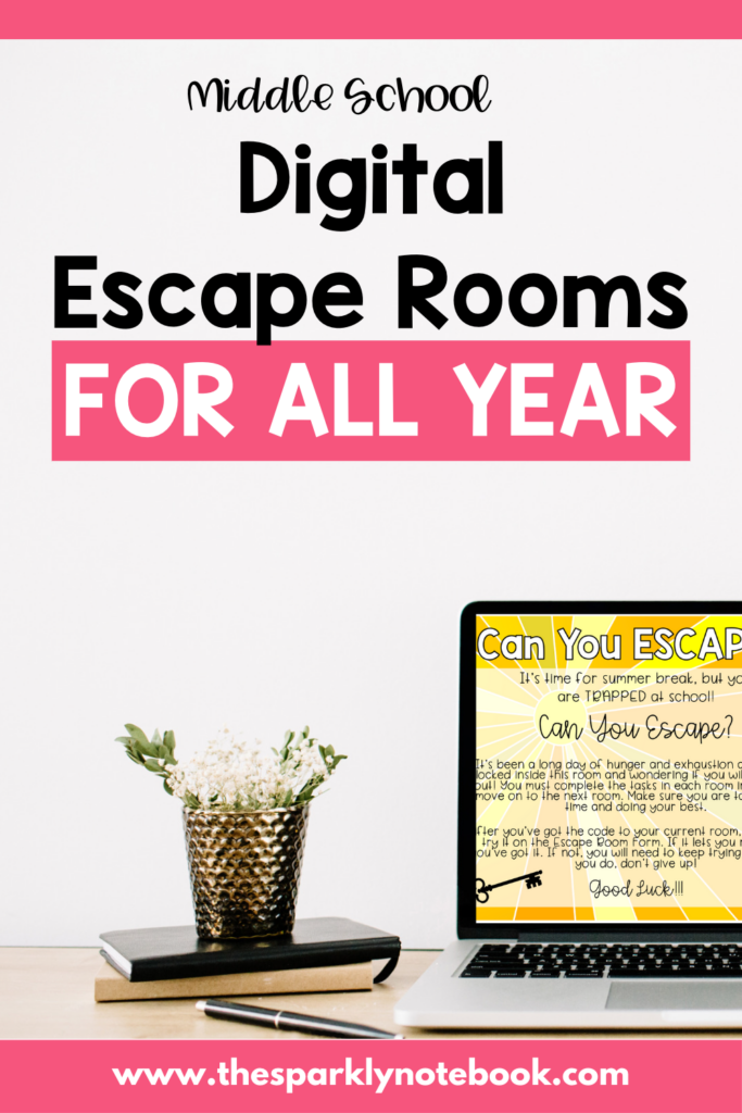 Pin Image - Computer on a desk
Text reads, "Middle School Digital Escape Rooms for All Year"