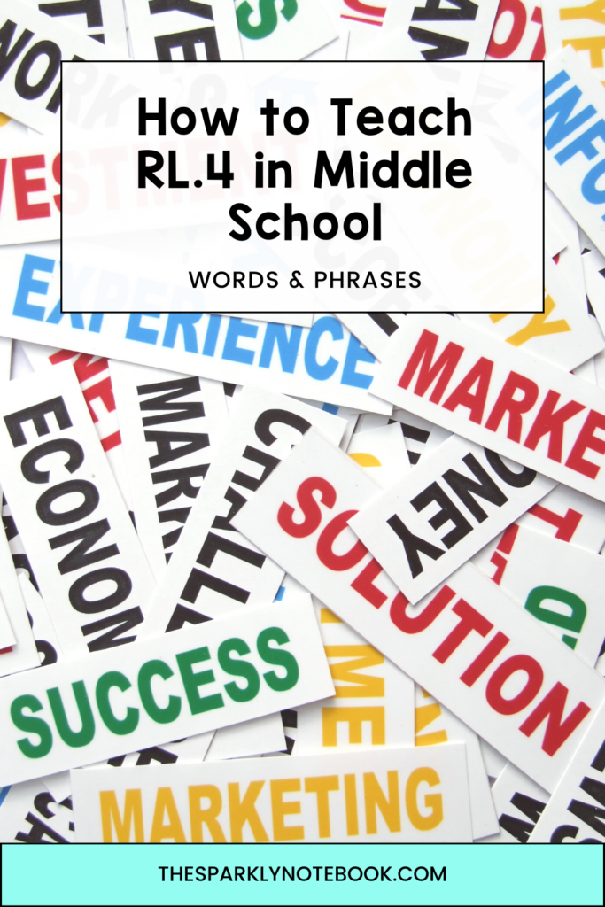 Pin Image of words and phrases on little small white pieces of paper
Text reads, "How to Teach RL.4 in Middle School: Words & Phrases"