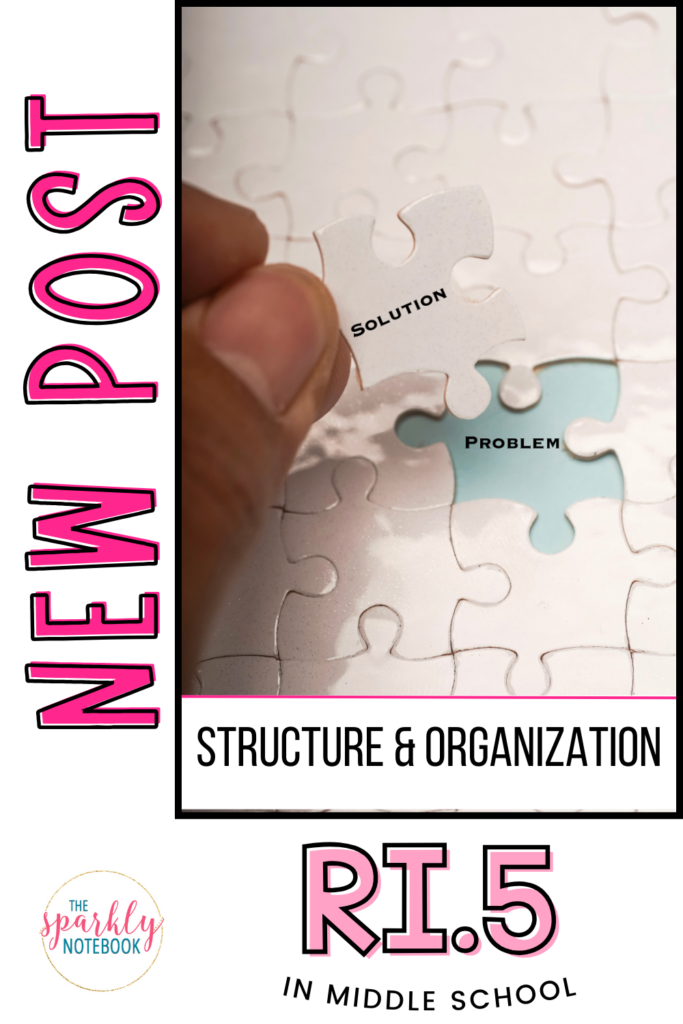 Pin Image - putting together a puzzle in  which the puzzle piece says "solution" and the puzzle says "problem"
Text reads, "New Post: Structure and Organization - RI5 in Middle School"