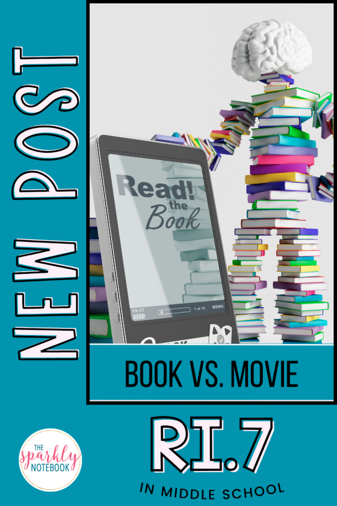Pin Image - a book robot telling the reader to Read the Book!
Text reads, "New Post: Book vs. Movie - RI7 in Middle School"