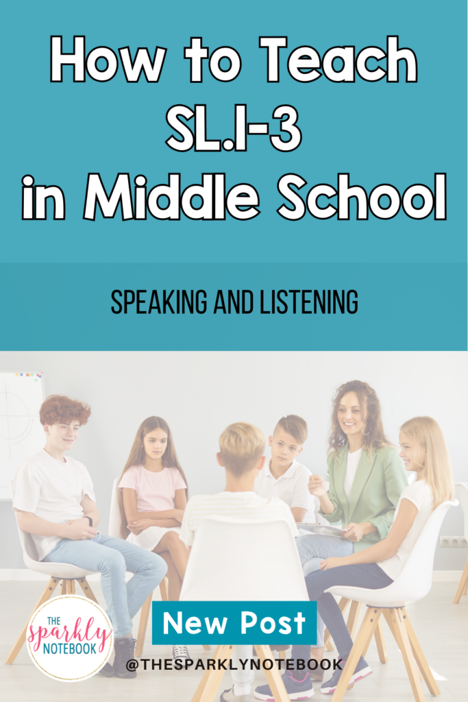 Pin Image of a teacher working in a discussion circle with middle school students.

Text reads, "How to Teacher SL.1-3 in Middle School: Speaking and Listening"