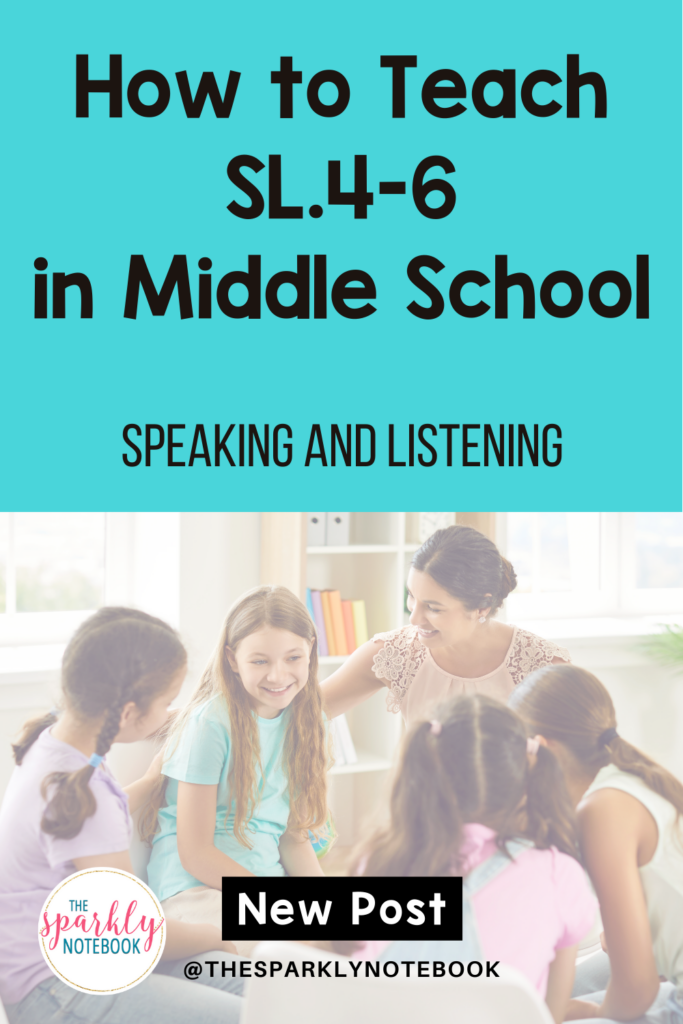 Pin Image of a teacher working with middle school students in a discussion.

Text reads, "How to Teach Sl.4-6 in Middle School: Speaking and Listening"