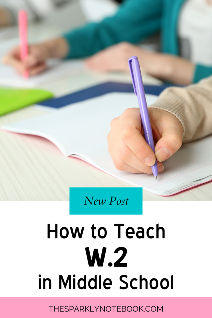 Pin image of a student writing in a journal.

Text reads, "New Post: How to Teach W.2 in Middle School"