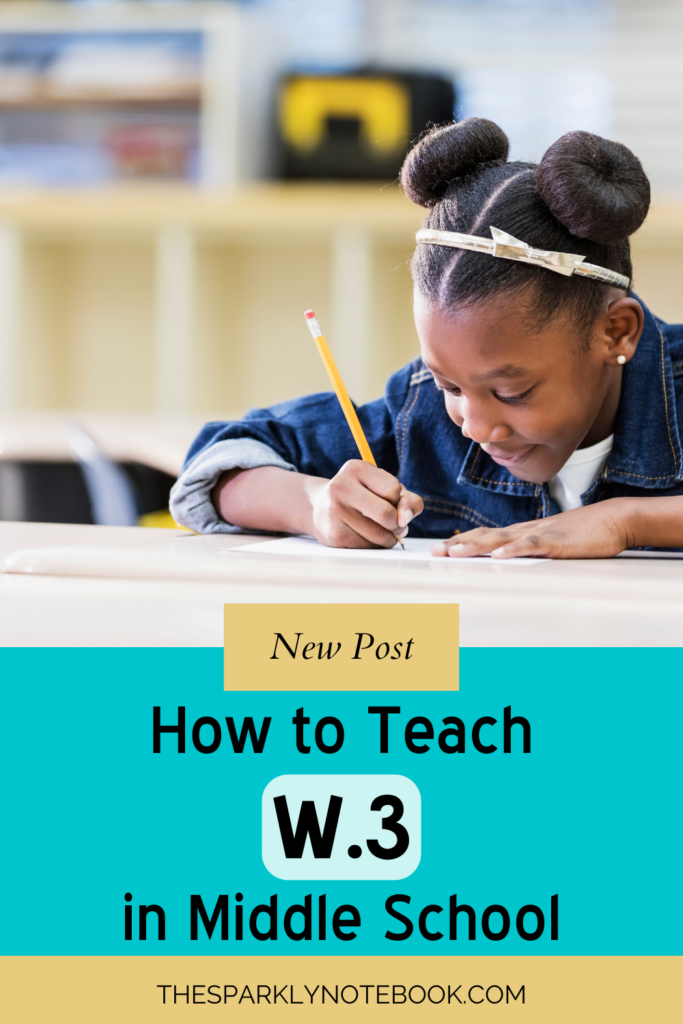 Pin image of a middle school student writing on a sheet of paper.

Text reads, "New Post: How to Teach W.3 in Middle School"