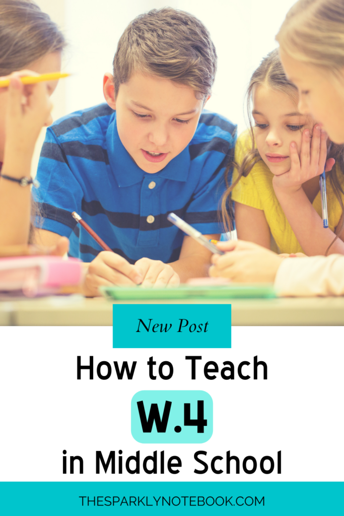 Pin image of four students working on a writing activity together.

Text reads, "New Post: How to Teach W.4 in Middle School"