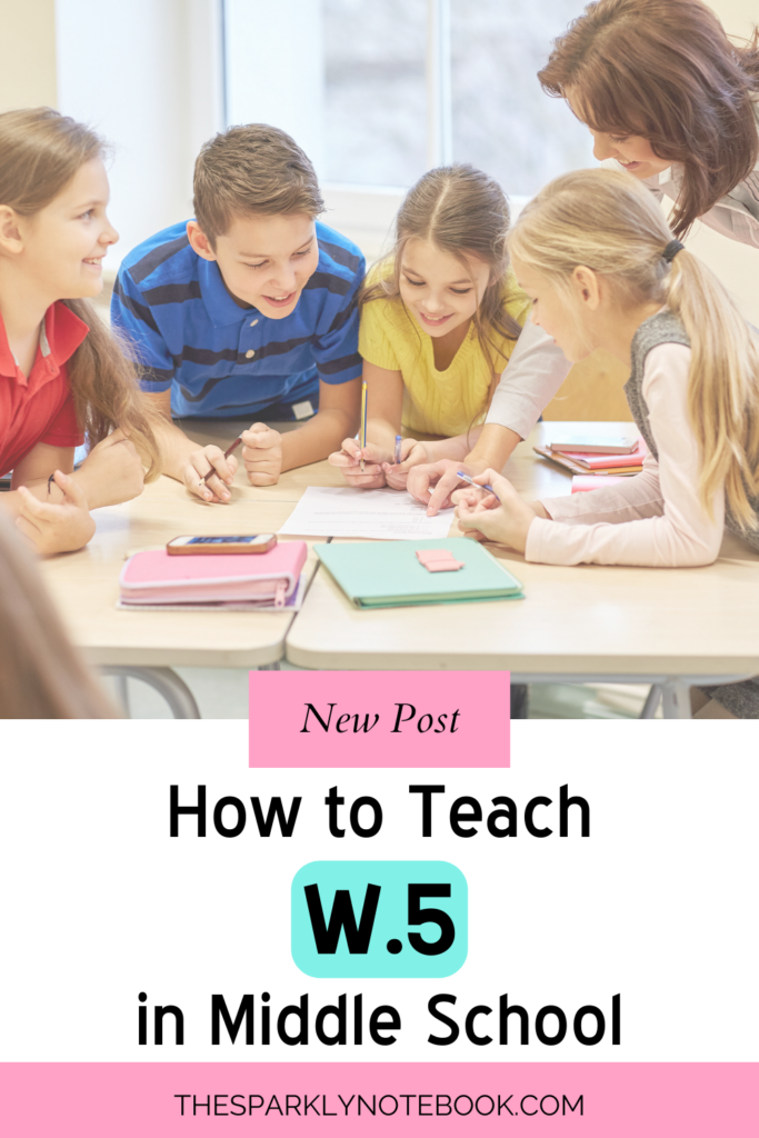 Pin Image of a teacher helping a group of students with writing.
Text reads, "New Post: How to Teach W.5 in Middle School"
