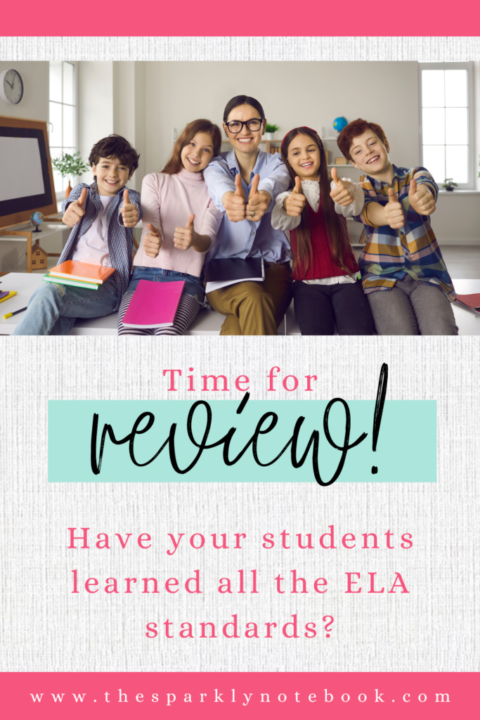 Pin Image of teacher and four middle school students in a discussion group.
Text reads, "Time for review! Have your students learned all the ELA standards?"