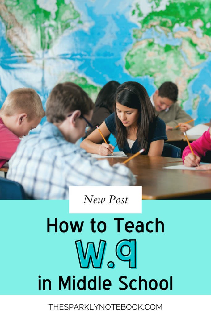 Pin Image of middle school students writing on paper.
Text reads, "How to Teach W.9 in Middle School."